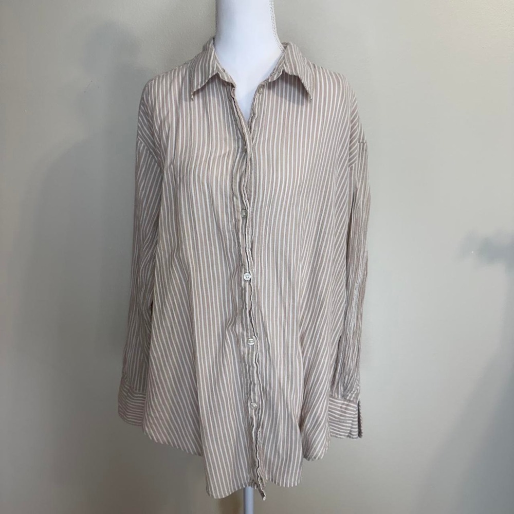 H&M Vertical Striped Button Up Casual Shirt Womens M Brown White Relaxed Flowy